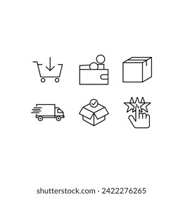
click and collect orders, icon, delivery truck, delivery service steps, receive orders at pick-up point, e-commerce business concept, white background isolated vector illustration.