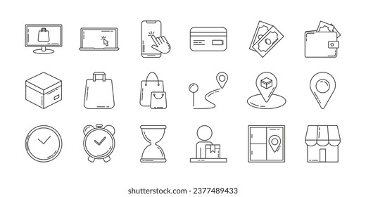 Click and collect Outline Icons. Line Pictograms Set about Online Shopping. Contains icons for Internet Order, Pay, Location, Time, Goods, Pick-up points. For use on web, advertising, apps. 