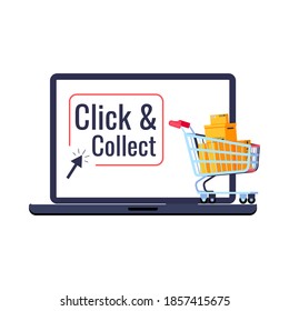 Click and collect retail delivery icon isolated on white background. Supermarket trolley cart with parcels box on laptop button click & collect and arrow. Flat cartoon buy and pick vector illustration