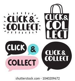 Click and collect. Set of hand drawn doodles badges, icons. Flat vector illustrations on white background.