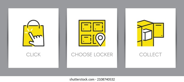 Click And Collect. Shopping Online. Web Page Template. Metaphors With Icons Such As Buy Online, Choose A Locker And Pick Up Order.