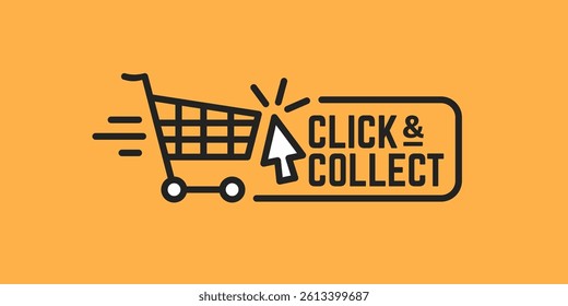 Click and collect store cart sign vector illustration. Click and collect promo text on yellow background. Cursor Arrow and cart icon. Commercial label, badge or sticker 