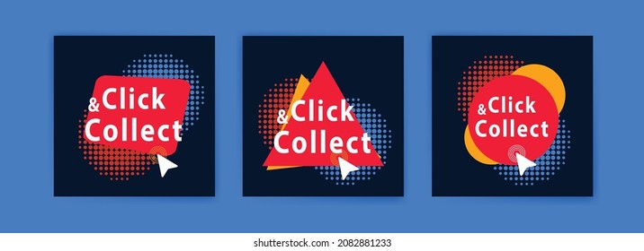 Click and collect. Vector banners for backgrounds, greeting cards, social media post ads and , postcards.