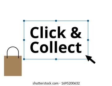 Haga clic y reúna el vector. Haga clic en el icono. Compra en línea en la tienda. El comercio electrónico y el concepto de canal omni. Texto sobre fondo blanco. Ilustración plana de compras en línea.