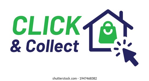 Click and collect vector illustration for online store. Cursor clicking on shopping bag.