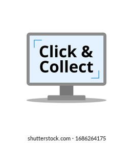 Click and collect vector. Online Shopping flat illustration on white background. Buy goods on computer. E-commerce and omni-channel concept. Buy online pick up at store.