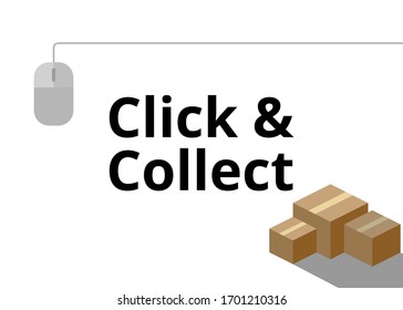 Click And Collect Vector. Online Shopping Flat Illustration. Buy Online Pick Up At Store. E-commerce And Omni Channel Concept. Goods In Isometric Boxes.