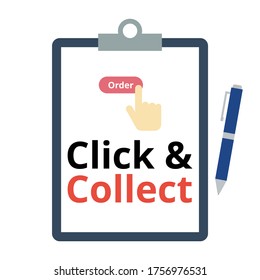 Haga clic y reúna el vector. Compras en línea. Concepto en línea a fuera de línea. El comercio electrónico y el concepto de canal único. Compra en línea en la tienda. Portapapeles y lápiz. Ilustración plana sobre fondo blanco.