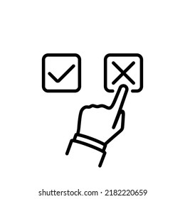 Klicken Sie auf Kreuz. Schwarze Linie Symbol. Klicken Sie, um abzulehnen. Die Wahl ist negativ. Testvorlage oder Abstimmung. Flaches Vektorgrafik-Design. Einzeln auf weißem Hintergrund.