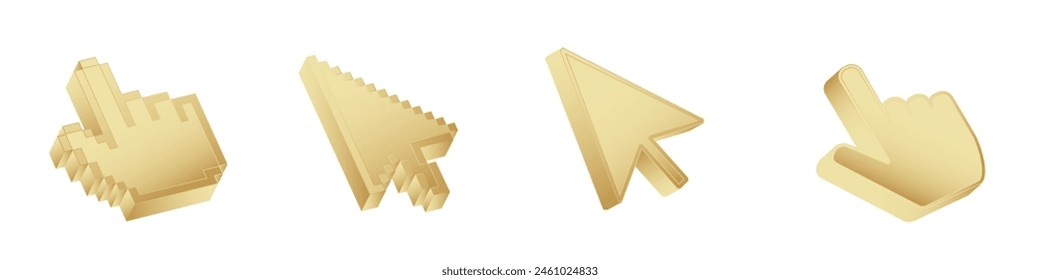 Hacer clic cursor 3d icono de oro. Puntero de ratón de ordenador Vector flecha dorada