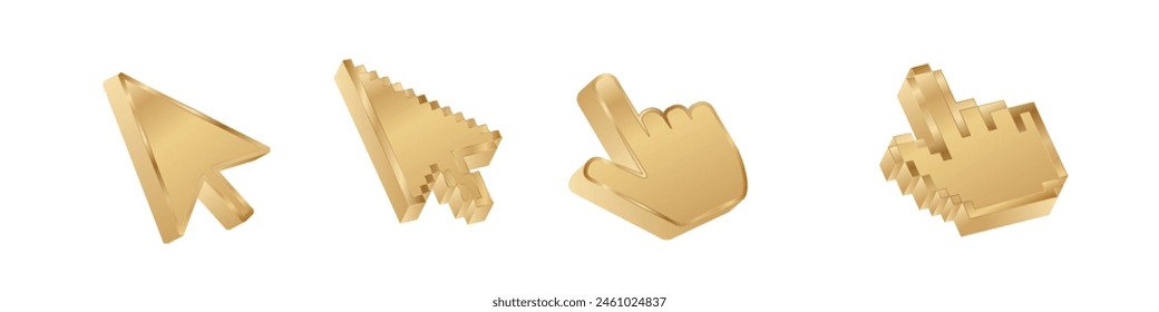 Click cursor 3d gold icon. Computer mouse pointer vector golden arrow