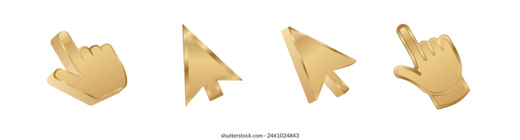 Click cursor 3d gold icon. Computer mouse pointer vector golden arrow