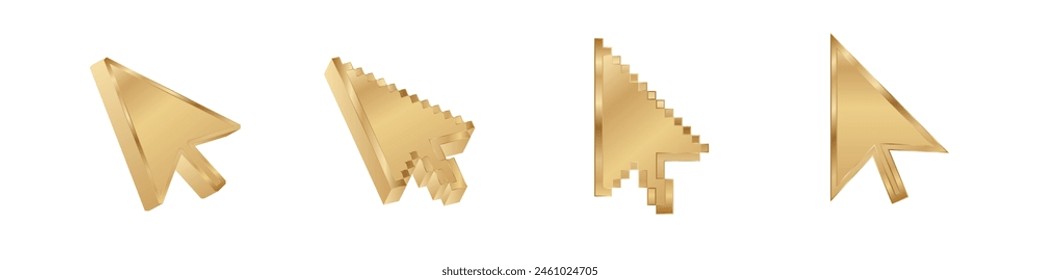 Click cursor 3d pixel gold icon. Computer mouse pointer vector golden arrow