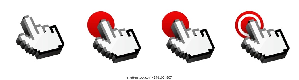 Icono de píxel 3d del cursor del Hacer clic. Puntero de ratón de ordenador flecha de Vector y mano