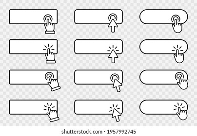 Click cursor blank button on transparent background. Clicking banner template. Click here web buttons with hand pointer and arrow isolated. Vector illustration.