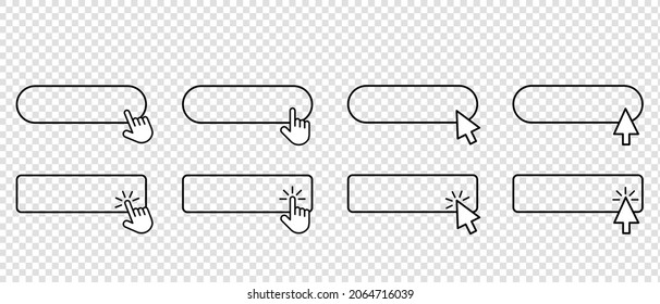 Haga clic en el botón del cursor con el puntero de la mano pulsando, conjunto de iconos vectoriales. Haga clic aquí para firmar el botón web