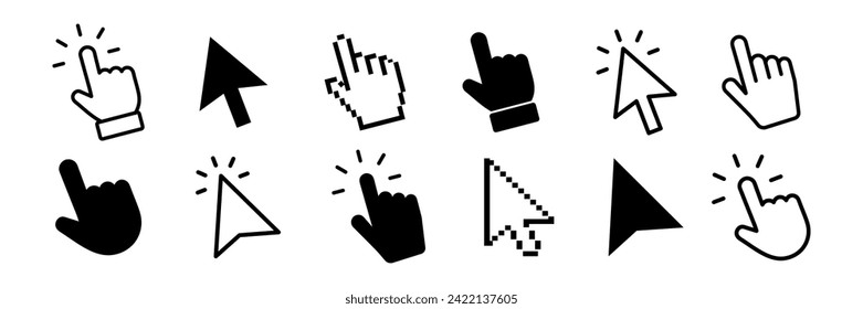 Click Cursor. Computer mouse click cursor. Pointer click. Hand pointer symbol. Clicking finger. Pixel cursor or computer mouse pointer. Vector illustration