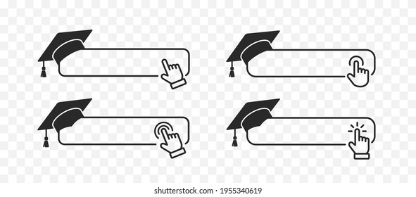 Click cursor icon with graduate college, high school or university cap isolated on transparent background. Vector black ceremony hat, educational student symbol, hand pointer and blank frame