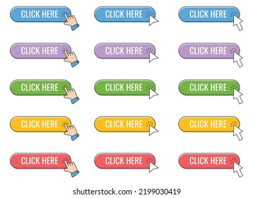 Click cursor icon with click here button vector set. Action button with mouse click