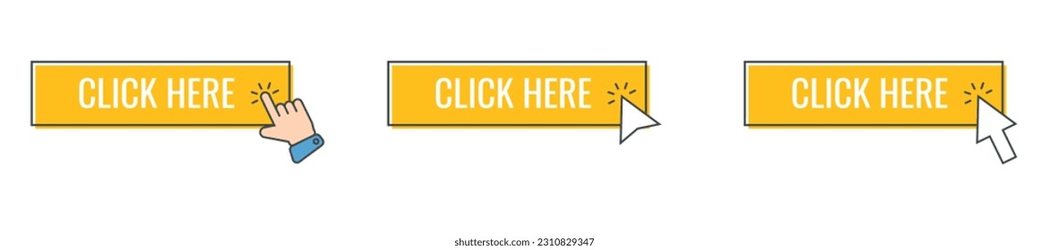 Click cursor icon with click here button vector set. Action button with mouse click