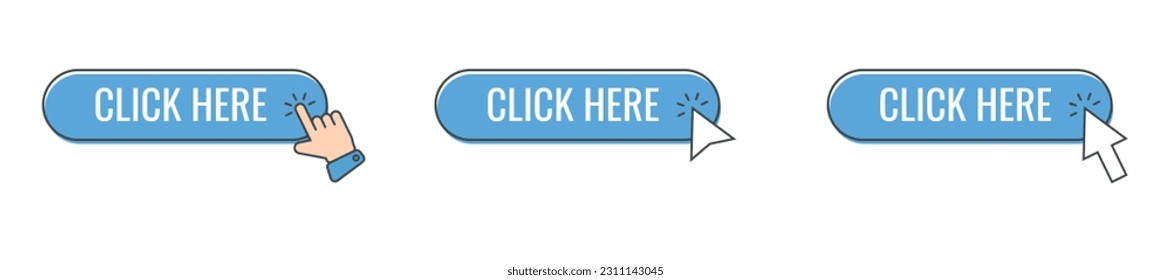 Click cursor icon with click here button vector set. Action button with mouse click