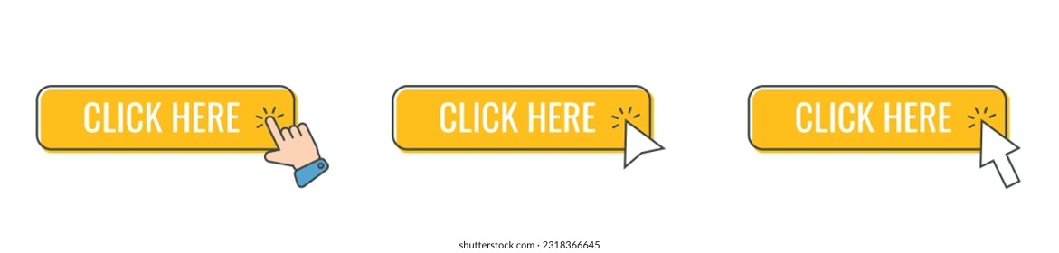 Click cursor icon with click here button vector set. Action button with mouse click