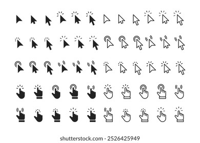 Click Cursor Icon Set – Black and Outline Pointer and Hand Click Icons Collection