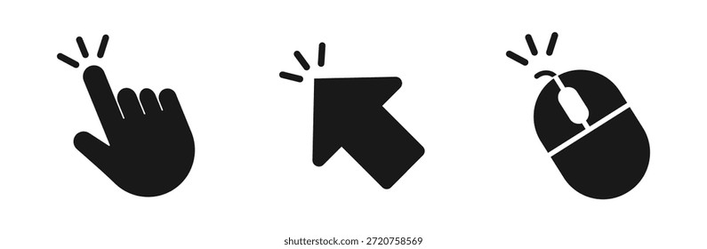 Klicken und Cursorsymbol in Umriss- und Silhouettenstil, einschließlich Handzeiger, Pfeilcursor und Mausklick-Symbole, Vektorgrafik.