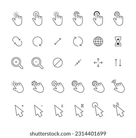 Click cursor icons. Computer clicking pointer icon arrow and hand, web sign internet globe, loading hourglass, touch app, interface tools. Vector set. Network or browser isolated elements