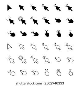 Click cursor icons set Set of Hand Cursor icons click and Cursor icons click, Click now button set Different mouse cursors, Grunge style mouse pointer icon set Drawn cursor icon Vector illustration