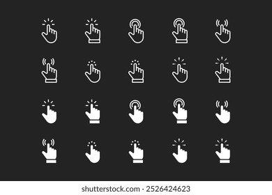 Conjunto de iconos de cursor de Hacer clic. Conjunto de Hacer clic de cursor de mano con color blanco