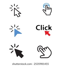 Clique em conjunto de ícones de cursor, clique em Conjunto de cursor manual. Uso de ilustração vetorial para web, ícone móvel, mídia social impressa