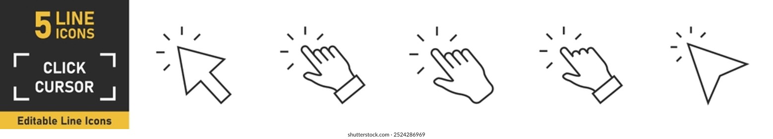 Click Cursor line icon set. Set of 5 outline icons related to hand pointer, pointer click, cursor arrow, clicking finger, computer mouse and more. Vector illustration.
