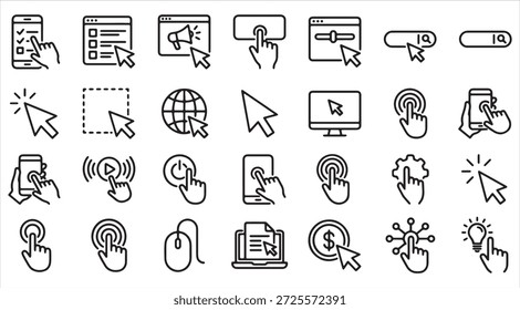 Click and Cursor Line Icon Set. Web Navigation, UI, and Call to Action (CTA) Vector Symbols
