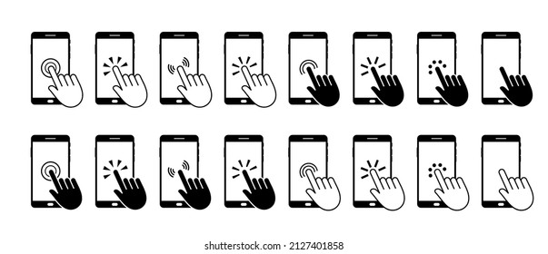 Click cursor on smartphone. Phone with touch pad and hands. Icons of mobile phones with fingers on touchscreen for click. Press to screen on cellphone. Vector.
