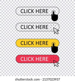 Click cursor set button with hand pointer clicking. Click here web button sign. Isolated website buy or register bar icon with hand finger arrow clicking cursor – stock vector