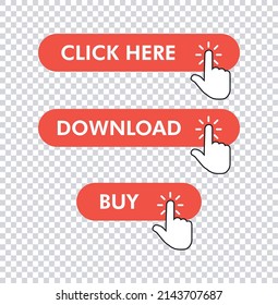 
Click cursor set button with hand pointer clicking. choice web buttons set. touch, but and click text on rounded buttons with arrows or hand pointer. stock vector
