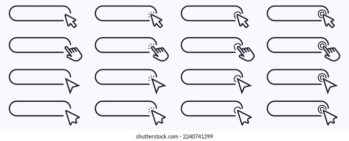 Click cursor set button with hand pointer clicking. Click here web button sign. Isolated website buy or register bar icon with hand finger arrow clicking cursor