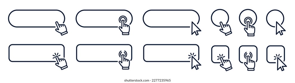 Click cursor set button with hand pointer clicking. Click here web button sign. Isolated website buy or register bar icon with hand finger arrow clicking cursor – for stock