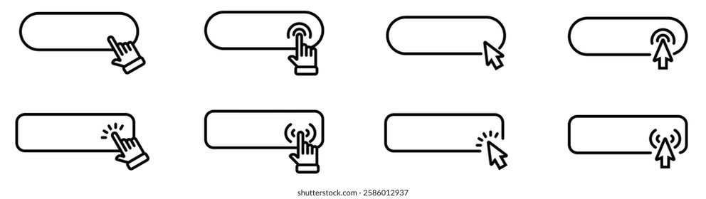 Click cursor set button with hand pointer clicking. Click here web button sign. Isolated website buy or register bar icon with hand finger arrow clicking cursor – stock vector