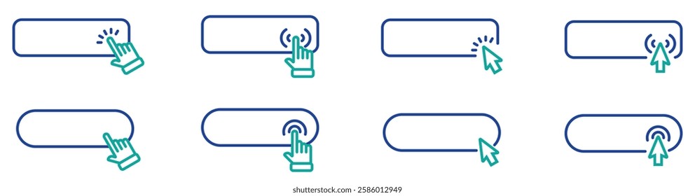 Click cursor set button with hand pointer clicking. Click here web button sign. Isolated website buy or register bar icon with hand finger arrow clicking cursor – stock vector