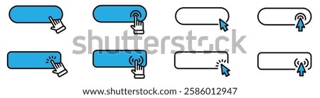 Click cursor set button with hand pointer clicking. Click here web button sign. Isolated website buy or register bar icon with hand finger arrow clicking cursor – stock vector