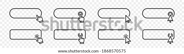 Click cursor set\
button with hand pointer clicking. Click here web button sign.\
Isolated website buy or register bar icon with hand finger arrow\
clicking cursor – stock\
vector
