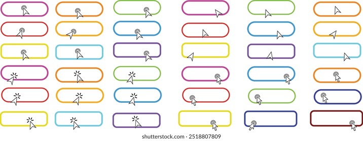 Click cursor set button with pointer clicking. Click here web button sign. Isolated websites buy or register bar icon with pointer arrow clicking cursor – stock vector.