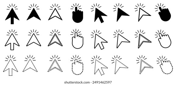 Click Cursor set. Computer mouse click cursor. Pointer click. Hand pointer symbol. Clicking finger. Pixel cursor or computer mouse pointer. Vector illustration