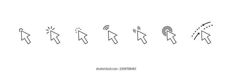 Haga clic en conjunto de iconos cursores. Icono lineal y de silueta.