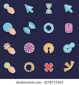Click cursors icons set stikers collection vector with shadow on purple background
