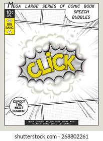 Click. Explosion in comic style with lettering and realistic puffs smoke. 3D pop art speech bubble. Vector graphics CMYK