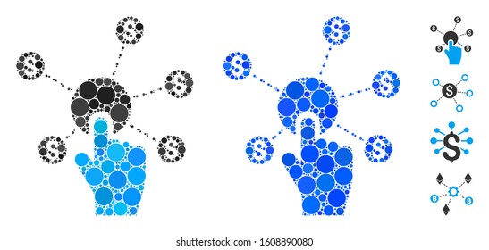 Click financial network composition of circle elements in various sizes and shades, based on click financial network icon. Vector circle elements are organized into blue collage.