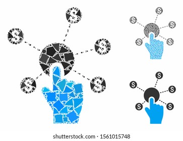 Click financial network mosaic of abrupt items in variable sizes and color hues, based on click financial network icon. Vector abrupt items are grouped into mosaic.